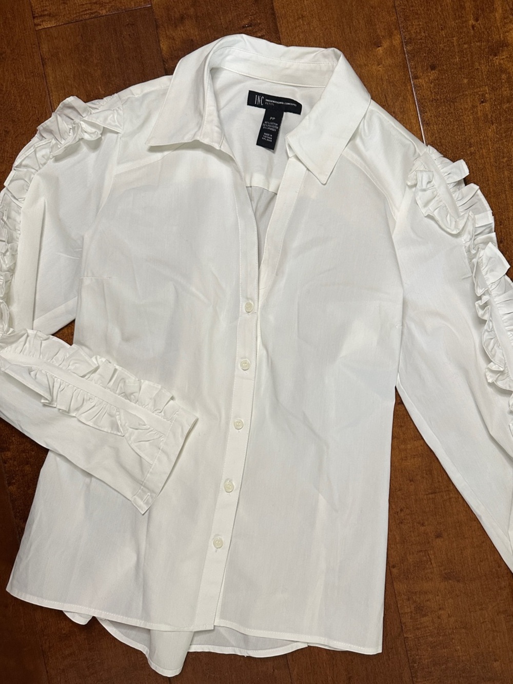 INC International Concepts White Ruffle-Trim Button-Up Blouse